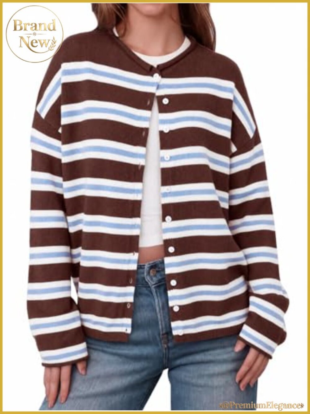 Womens Button Up Long Sleeve Lightweight Knit Cardigan Crew Neck Loose Fit